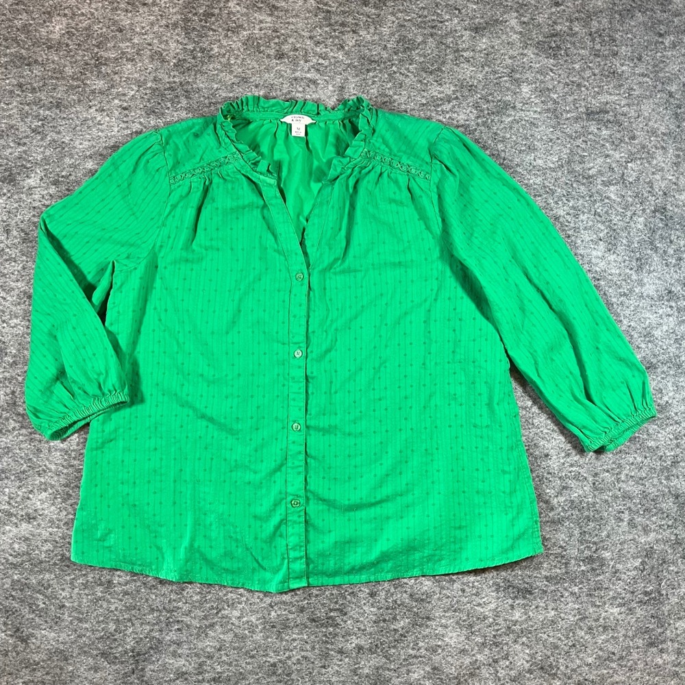 Crown & Ivy Button Down Blouse Womens Medium Green Preppy 100% Cotton Feminine